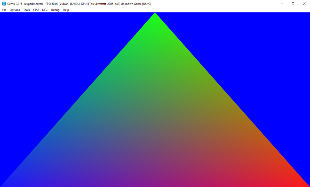 A multicolored triangle on a blue background, in a Cemu emulator window.